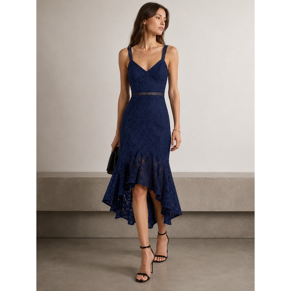 Navy Lace High-Low Dress with Straps